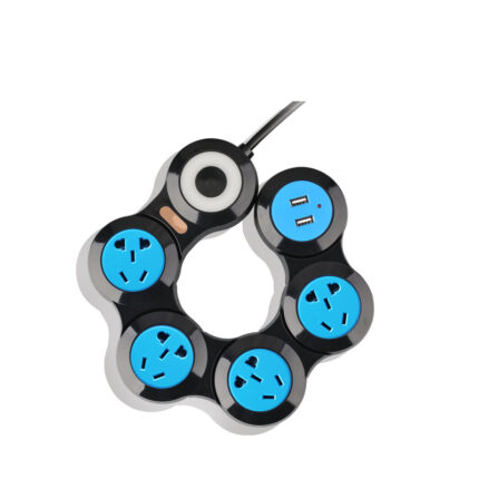 Creative and versatile power strip with 5 outlets, freely foldable and rotatable, with USB charging ports.