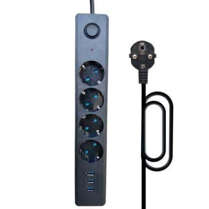 European standard power strip with multiple sockets, USB switch, and cord.