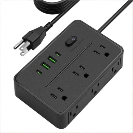American-style power strip with 18 outlets and 6 US standard sockets, featuring USB ports