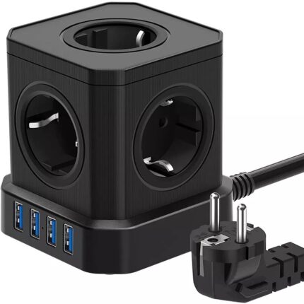Compact and portable magic cube-shaped European standard multi-port high-power vertical power strip with USB ports.