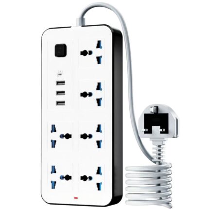 UK-style power strip with multiple outlets and extension cord